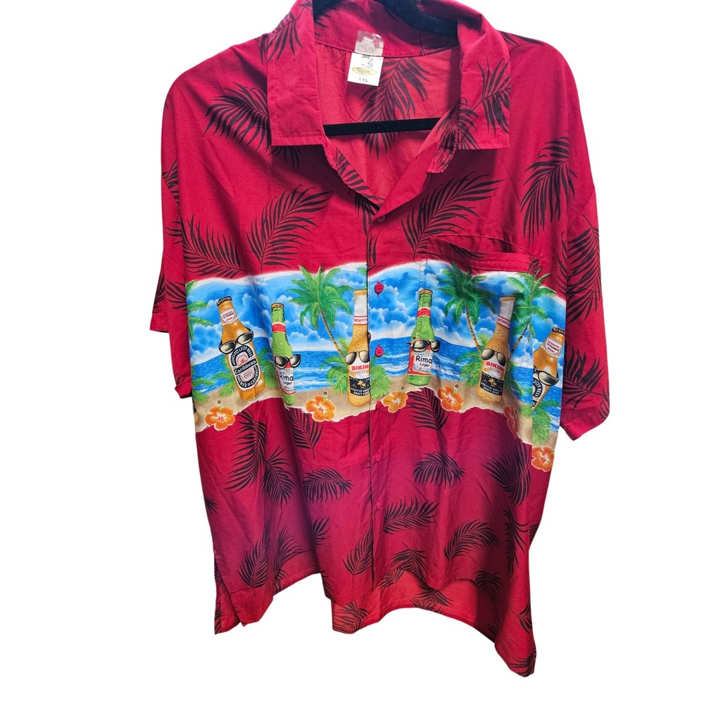 Rima Beachworld XXL Hawaiian Shirt Palm Tree Beer‎ Bottle Graphic Camp Shirt